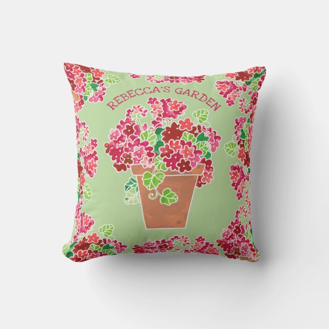Potted Red Geraniums Floral Monogrammed Name Outdoor Pillow (Front)
