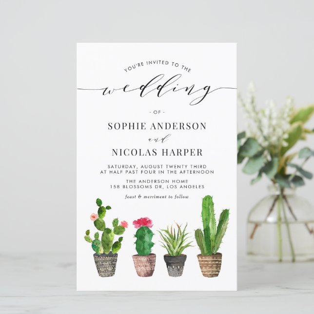 Potted Succulents and Cactus Wedding Invitation (Standing Front)
