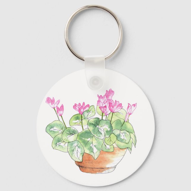 Potted Watercolor Cyclamen Keychain (Front)