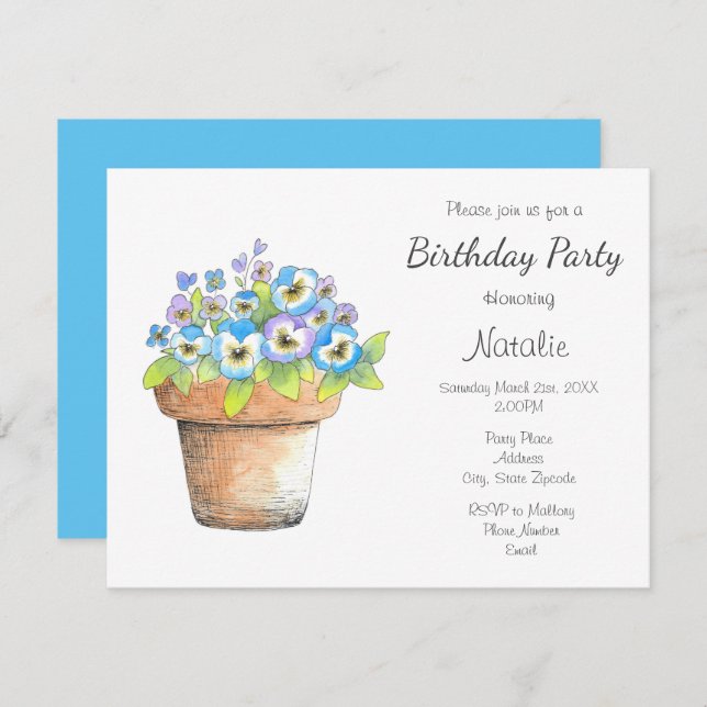 Potted Watercolor Pansies Invitation (Front/Back)