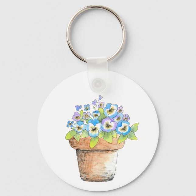 Potted Watercolor Pansies Keychain (Front)