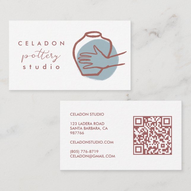 POTTERY Ceramics Studio Elegant Hand-drawn QR Code Business Card (Front/Back)