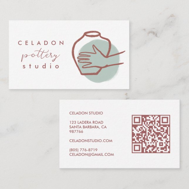 POTTERY Ceramics Studio Elegant Hand-drawn QR Code Business Card (Front/Back)