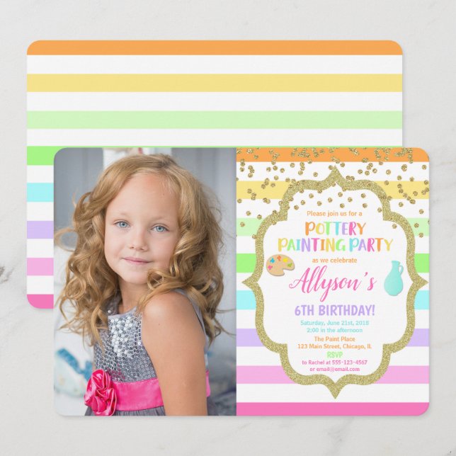 Pottery painting paint birthday rainbow photo invitation (Front/Back)