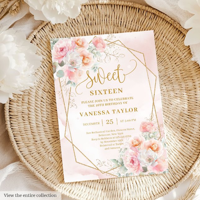 Poudre glamour rose or Fleurs Douce 16 Invitation (Glamorous Powder Pink Gold Flowers Sweet 16 Invite)