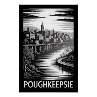 Poughkeepsie New York Skyline Black White Woodcut Poster
