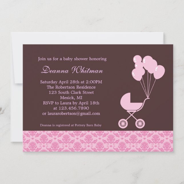 Poule rose avec ballons Invitation Baby shower (Devant)