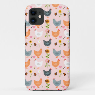 Poulets dans les fleurs rose iPhone 11 Coque
