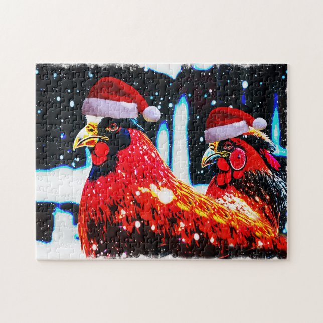 Poulets en Santa Hats Hiver Art Puzzle (Horizontal)
