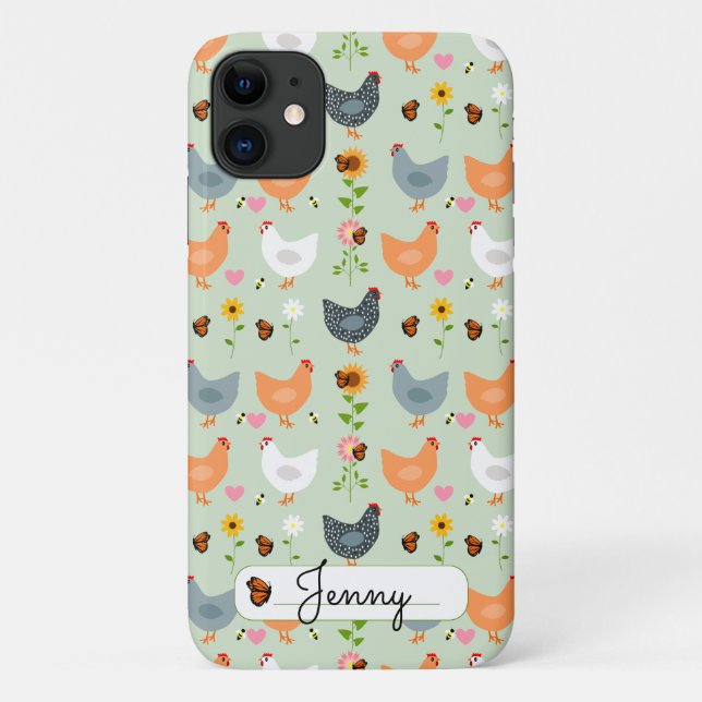 Poulets floraux personnalisés iPhone vert 11 Coque (Dos)