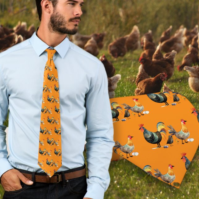 Poulets Oiseaux Ferme Motif Orange Cravate (Créateur téléchargé)