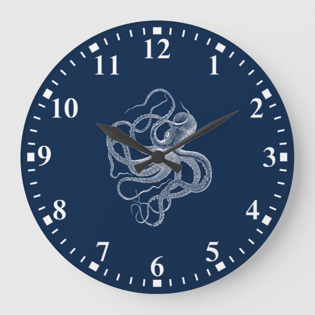 poulpe blanche sur grande horloge bleu foncé (Recto)