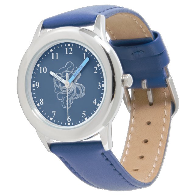 poulpe blanche sur montre bleu foncé (Incliné)