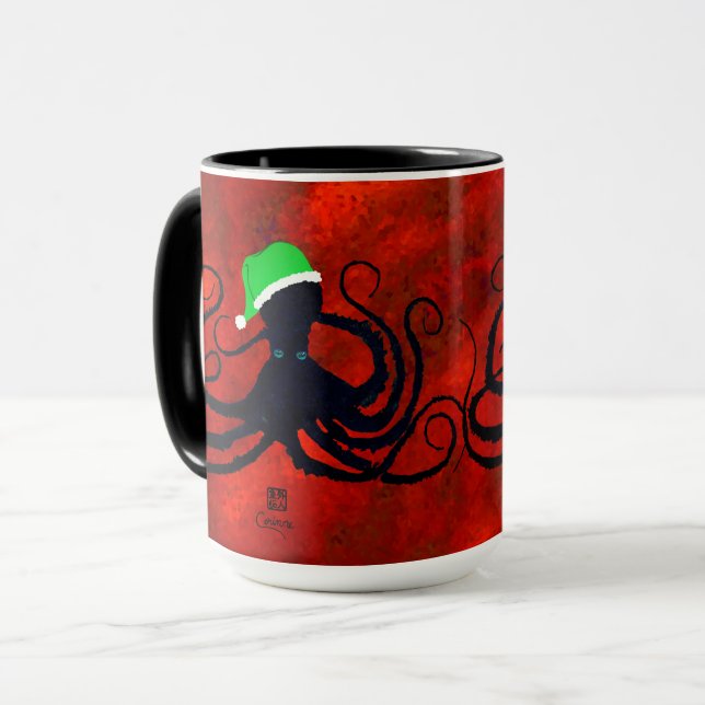 Poulpe de Noël sur le rouge - 15 onces. Tasse (Devant gauche)