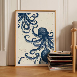 Poulpe Impression Linogravure Affiche Vintage Rétr