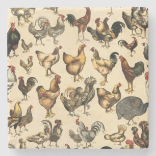 Poultry Farm Rooster and Hen Art Stone Coaster