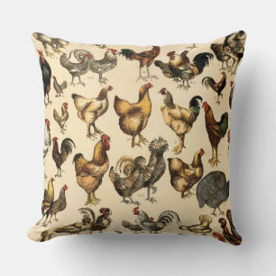 Poultry Farm Rooster and Hen Art Throw Pillow