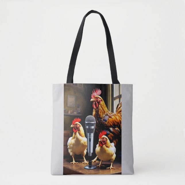 Poultry in Session – Chickens with Mic & Recorder Tote Bag (Front)