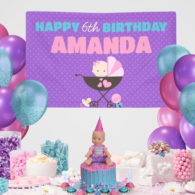 Poupée Bébé Violet Bonne bannière Anniversaire (Purple Baby Doll Birthday Personalized Hanging Vinyl Birthday Banner. Indoor or outdoor available)