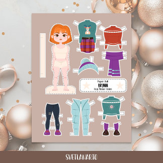 Poupée en papier de Noël Fille Roux Hiver Tenues