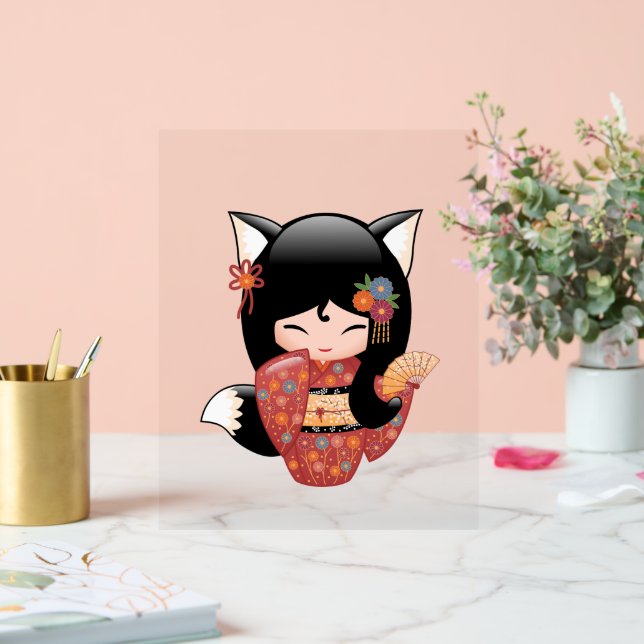 Poupée Kitsune Kokeshi - Black Fox Geisha Girl (Mariage)