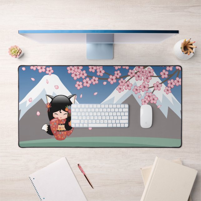 Poupée Kitsune Kokeshi - Black Fox Geisha Girl (Bureau 1)