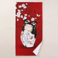 Poupée Kokeshi Rouge Noir Blanc Cerisier Fleurs
