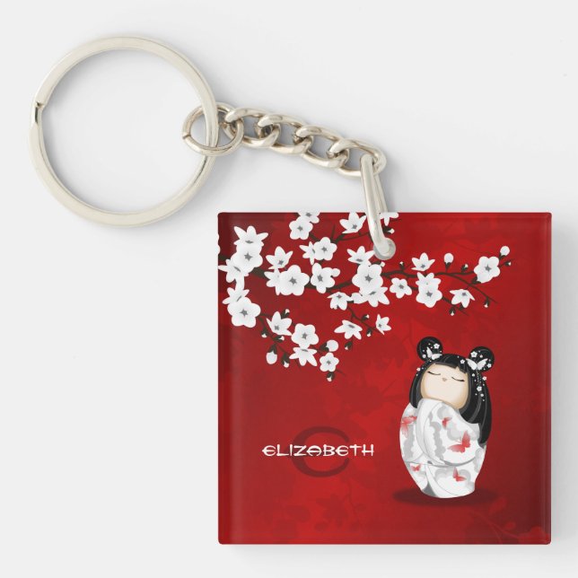 Poupée Kokeshi Rouge Noir Et Blanc Clé De Fleur De (Devant)