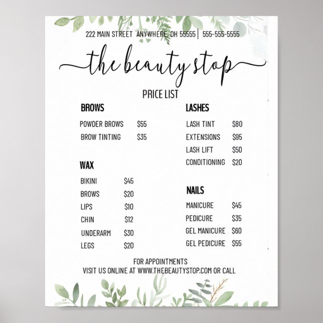 Pour Affiche de Liste de Prix de Salon de Manucure (Devant)