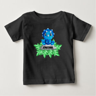 Pour Bébé Baby Blue Triceratops Dinosaur Black Baby T-Shirt