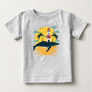Pour Bébé T-shirt coucher de soleil océan île baleine bleue