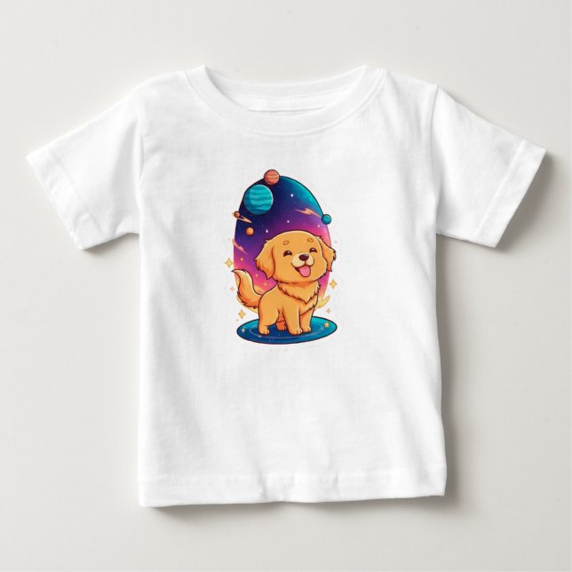 Pour Bébé 🐶🌌 T-shirt de la nurserie spatiale de chiot doré (Devant)