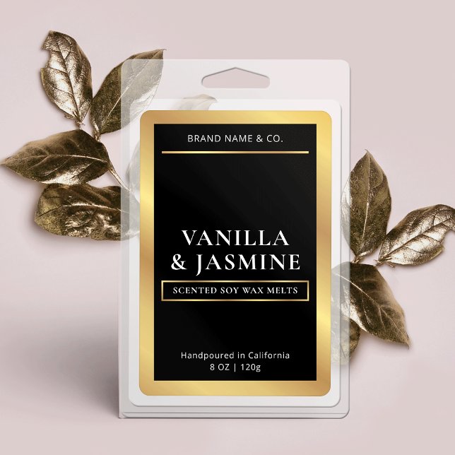 Pour Bocaux Elégant Black & Gold Packaging Wax Melts Étiquette (Elegant black and gold wax melts rectangle labels with gold foil effects)