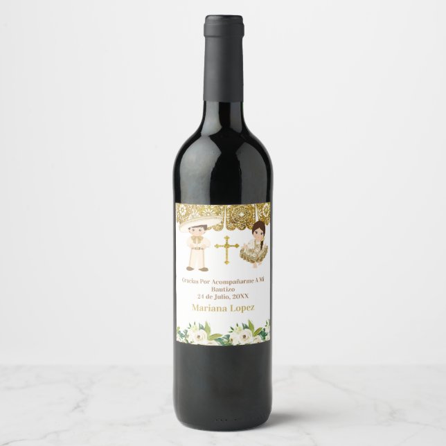 Pour Bouteilles De Vin Baptême d'or Fiesta Twin Wine Bottle Étiquette (Devant)