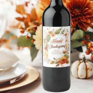 Pour Bouteilles De Vin Joyeux Thanksgiving Fleurs d'automne Étiquette Ent