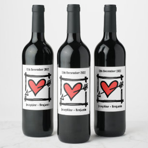 Pour Bouteilles De Vin Personnalisé Mariage Amour Coeur Noir & Étiquette 
