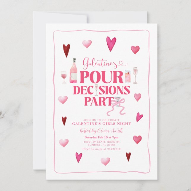 Pour Decisions Pink Galentine Girl's Party Invitation (Front)