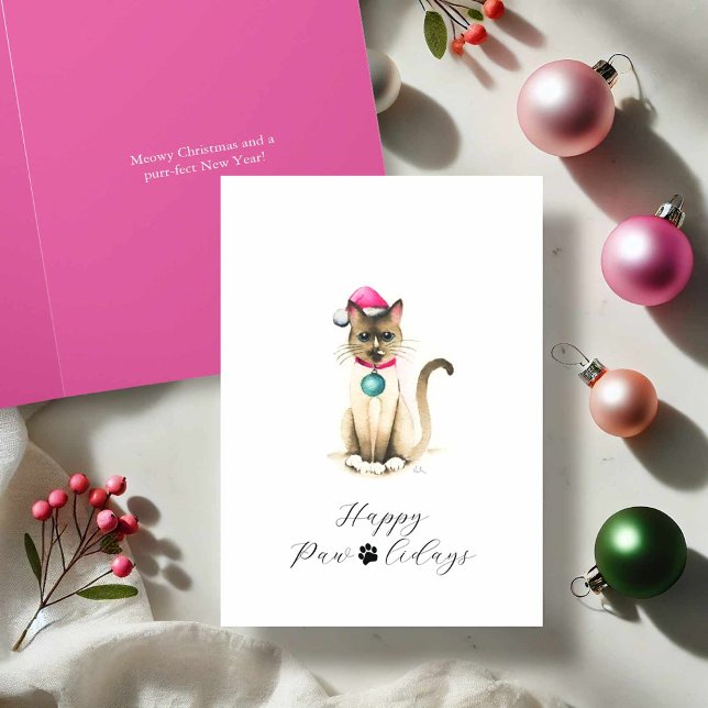 Pour Fêtes Annuelles Cartes de Noël en chat siamois (Siamese cat Christmas cards with cute Merry Christmas wishes art and design by Victoria Grigaliunas)