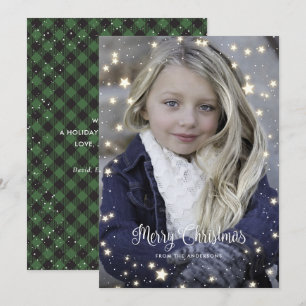 Pour Fêtes Annuelles Green Buffalo Plaid Stars Photo Cartes de Noël