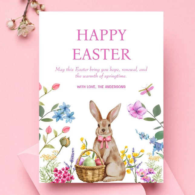 Pour Fêtes Annuelles Joyeuses Cartes de Pâques Bunny Pâques Pink Printe (Happy Easter Postcard - Cheerful design, pastel flowers, bunny, Easter Holiday Card, Watercolor)