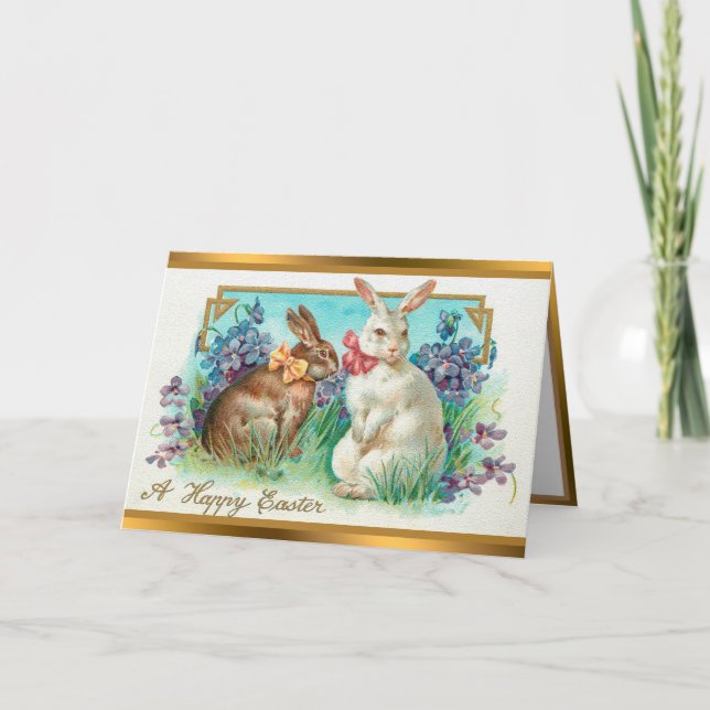 Pour Fêtes Annuelles Vintage 2 lapins OEufs de Pâques Cartes pliées (Devant)
