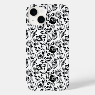 Pour iPhone 14 Coque floral noir et blanc tiré à la main
