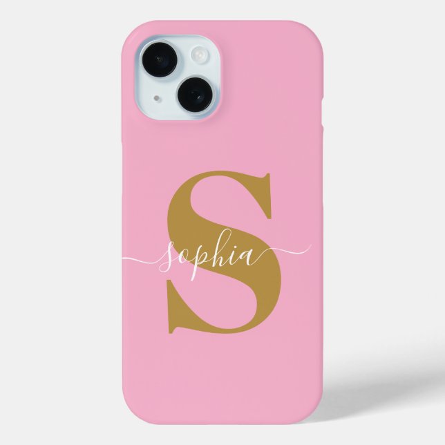 Pour iPhone 15 Nom personnalisé, Script initial, Coque rose/or - (Verso)