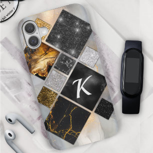 Pour iPhone 16 Elégant or noir argent Coque géométrique-Mate iPh