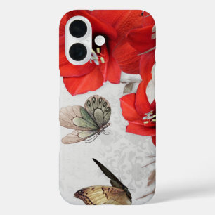 Pour iPhone 16 joli coque de fleurs rouges papillons