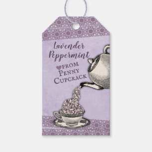 Pouring vintage teapot hand blend tea lavender gift tags