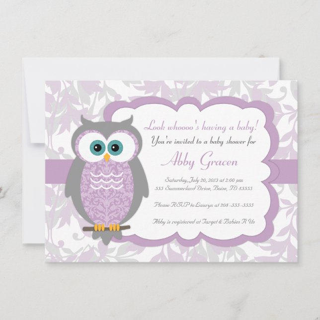 Pourpre, gris, invitations de baby shower de hibou (Devant)