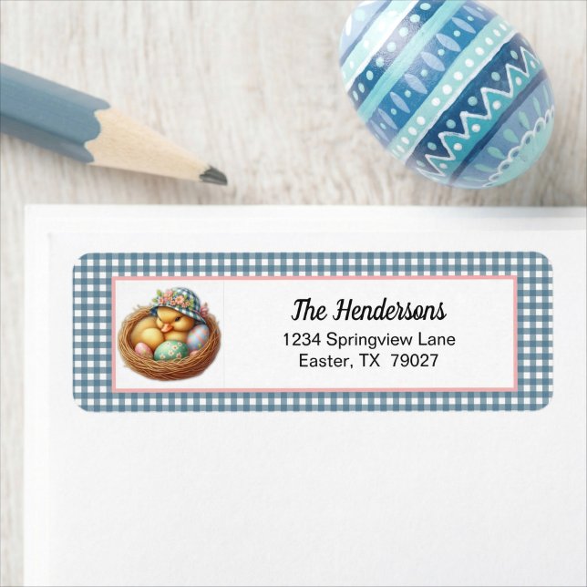 Poussin de Pâques avec des œufs sur carreau bleu à (Créateur téléchargé)