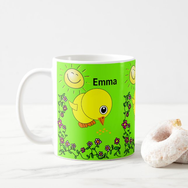 Poussins Jaunes Vert Mug Floral (Avec donut)