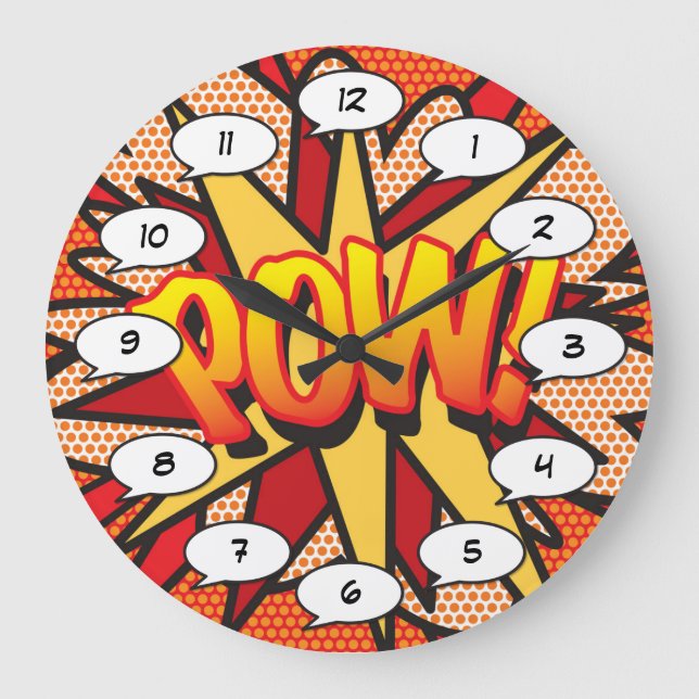 POW Fun Modern Comic Book Typography Trendy Large Clock (Front)